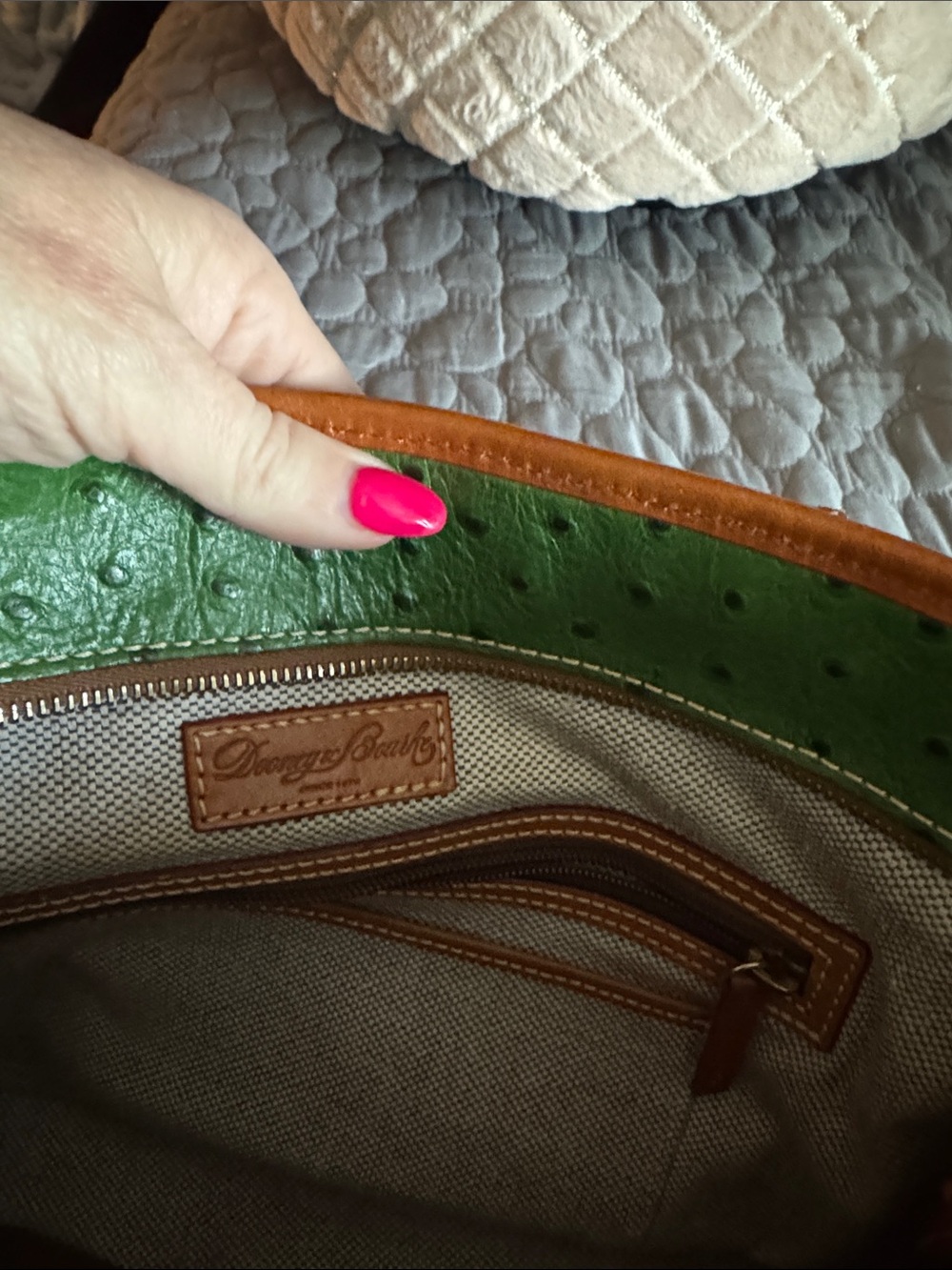 Dooney & Bourke Green Ostrich-Embossed Tote with Brown Trim and Matching Wallet - Picture 5 of 9